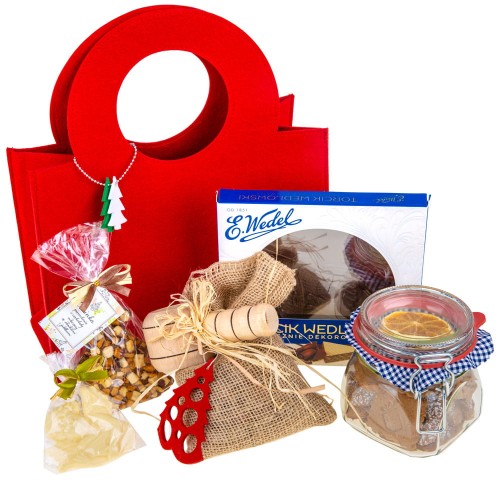 BJ62 Świąteczne specjały.jpg zestaw upominkowy w ozdobnej torebce torcik wedlowski